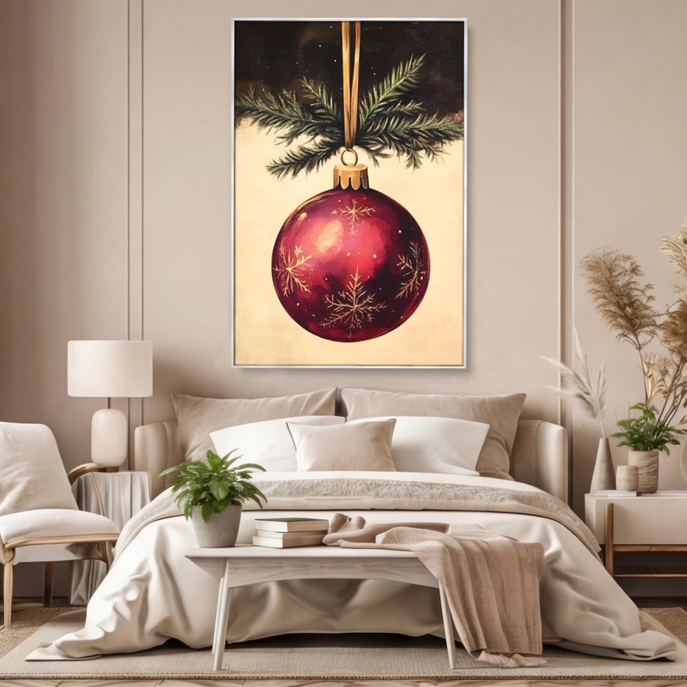 Tablou canvas cu tablou canvas cu glob de craciun visiniu, in rama de aluminiu argintiu, pe perete intr-un dormitor